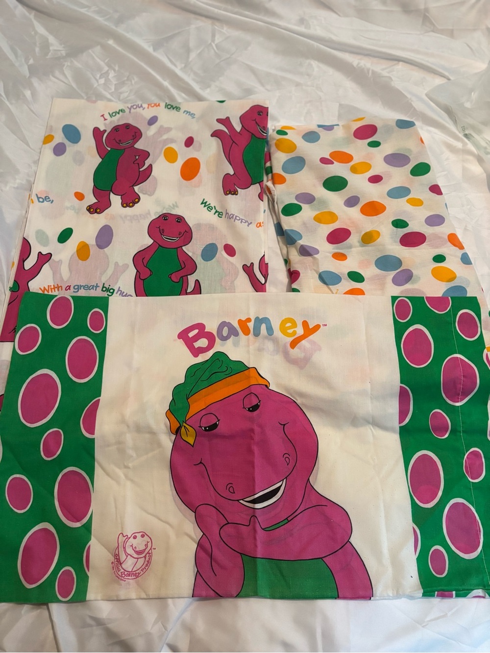 Vintage Barney 1992 kids Sheet Set in Pink Green and White